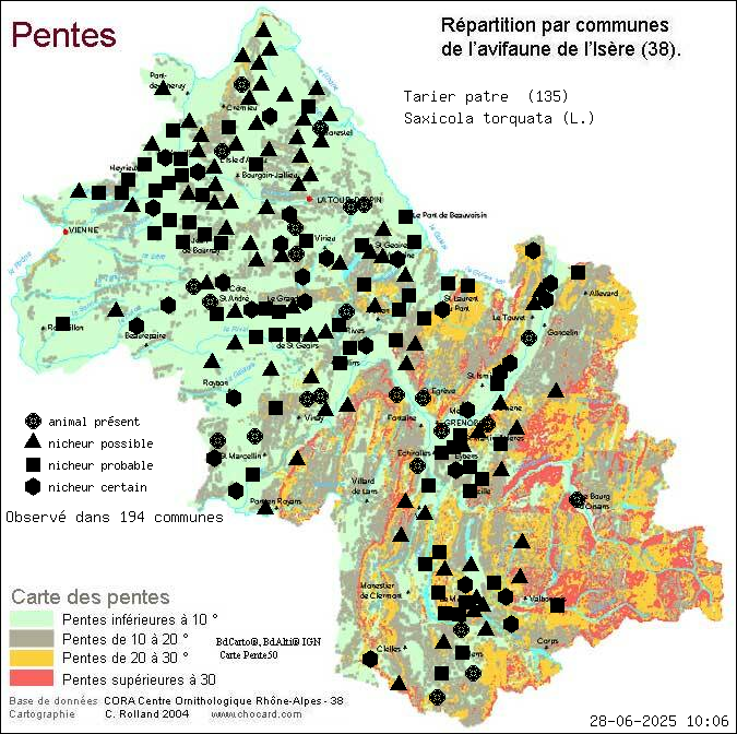 Tarier ptre (Saxicola torquata (L.)): carte de rpartition en Isre