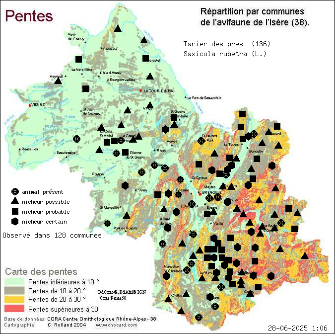 Tarier des prs (Saxicola rubetra (L.)): carte de rpartition en Isre