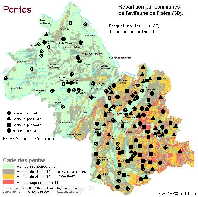 Traquet motteux (Oenanthe oenanthe (L.)): carte de rpartition en Isre