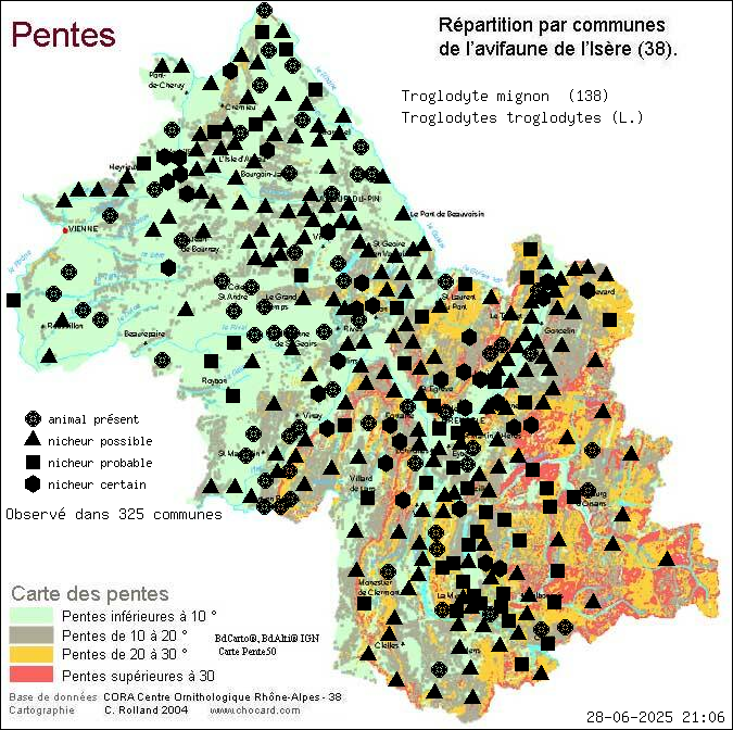 Troglodyte mignon (Troglodytes troglodytes (L.)): carte de rpartition en Isre