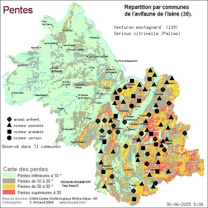 Venturon montagnard (Serinus citrinella (Pallas)): carte de rpartition en Isre