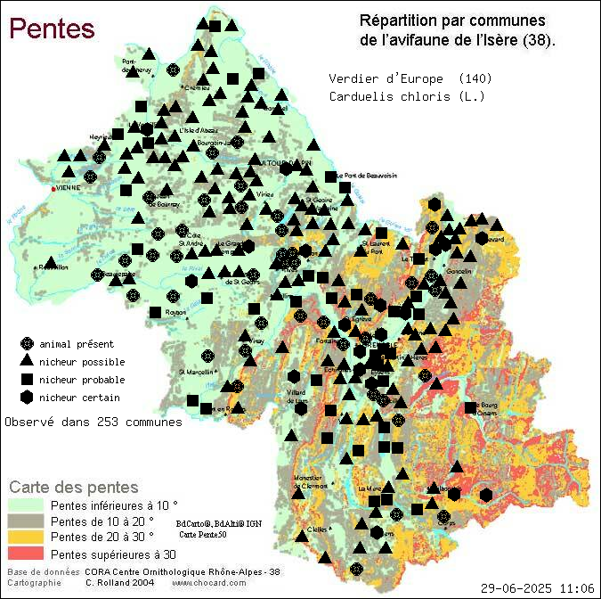 Verdier d Europe (Carduelis chloris (L.)): carte de rpartition en Isre