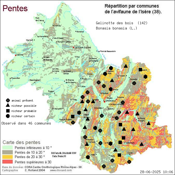 Glinotte des bois (Bonasia bonasia (L.)): carte de rpartition en Isre