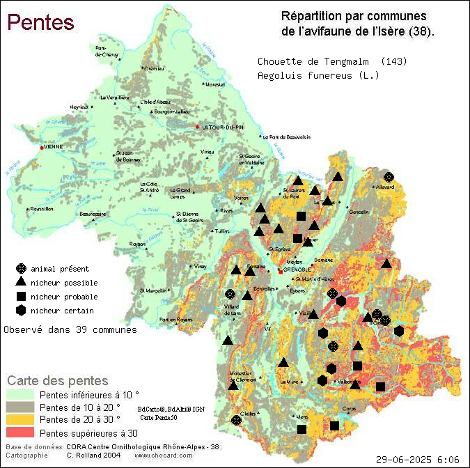 Carte de rpartition par communes en Isre d'une espce d'animal: Chouette de Tengmalm (Aegoluis funereus (L.)) selon Pentes