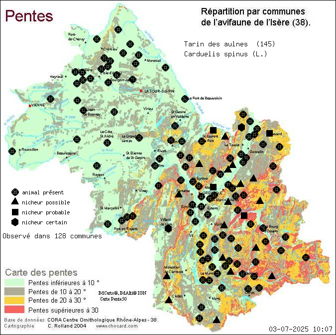 Tarin des aulnes (Carduelis spinus (L.)): carte de rpartition en Isre