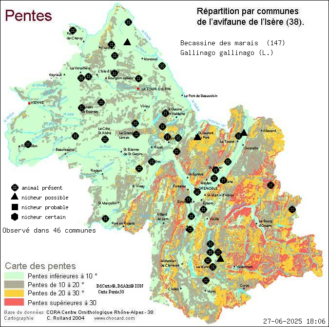 Carte de rpartition par communes en Isre d'une espce d'animal: Bcassine des marais (Gallinago gallinago (L.)) selon Pentes