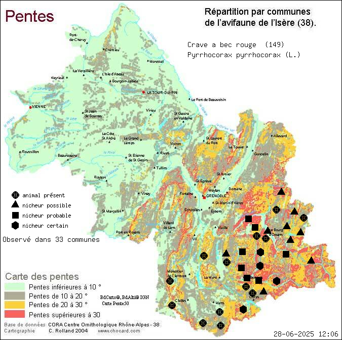 Crave  bec rouge (Pyrrhocorax pyrrhocorax (L.)): carte de rpartition en Isre