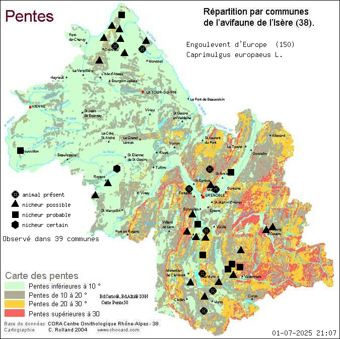 Engoulevent d Europe (Caprimulgus europaeus L.): carte de rpartition en Isre