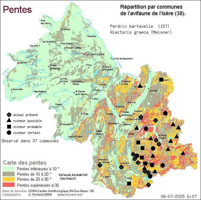 Perdrix bartavelle (Alectoris graeca (Meisner)): carte de rpartition en Isre