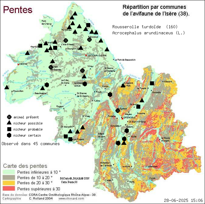 Rousserolle turdode (Acrocephalus arundinaceus (L.)): carte de rpartition en Isre