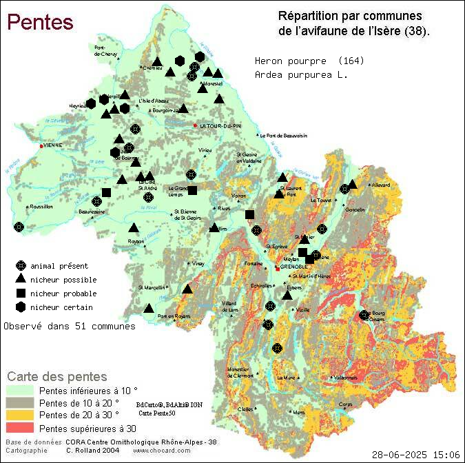Hron pourpr (Ardea purpurea L.): carte de rpartition en Isre