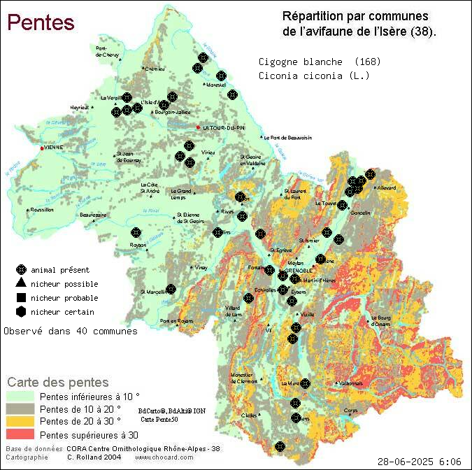 Cigogne blanche (Ciconia ciconia (L.)): carte de rpartition en Isre