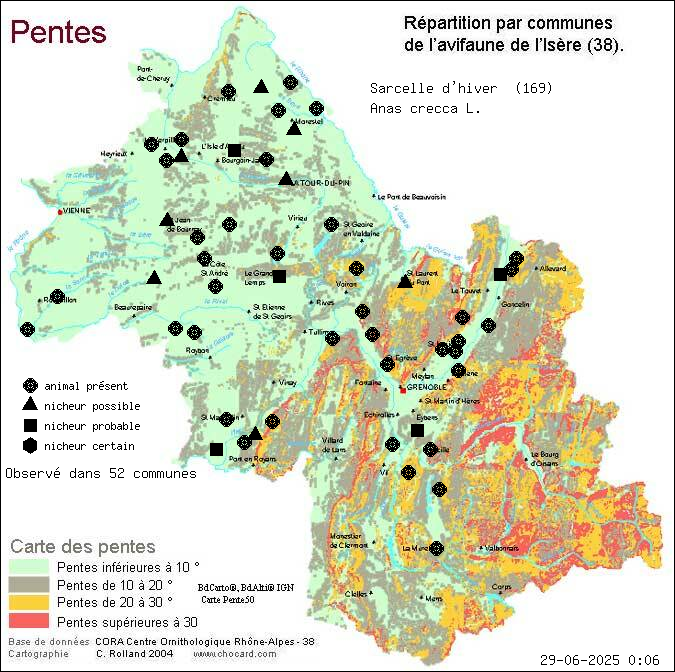 Sarcelle d hiver (Anas crecca L.): carte de rpartition en Isre