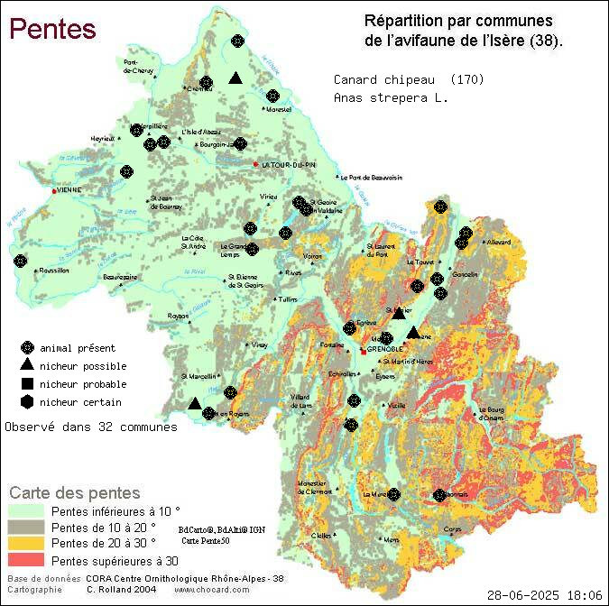 Canard chipeau (Anas strepera L.): carte de rpartition en Isre