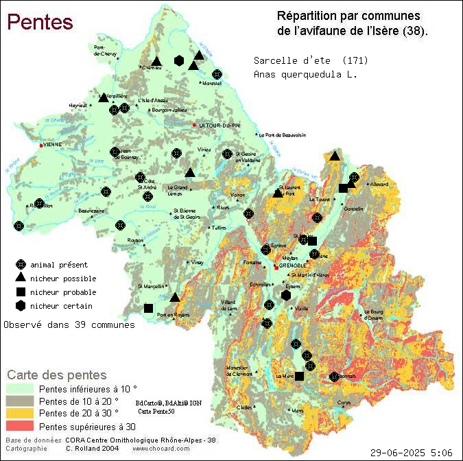 Sarcelle d t (Anas querquedula L.): carte de rpartition en Isre