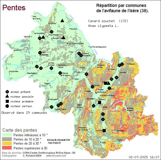 Carte de rpartition par communes en Isre d'une espce d'animal: Canard souchet (Anas clypeata L.) selon Pentes