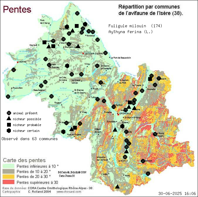 Fuligule milouin (Aythyna ferina (L.)): carte de rpartition en Isre