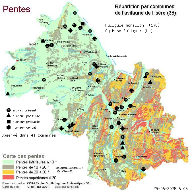 Fuligule morillon (Aythyna fuligula (L.)): carte de rpartition en Isre