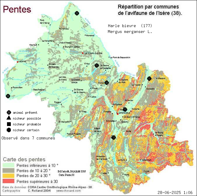 Harle bivre (Mergus merganser L.): carte de rpartition en Isre