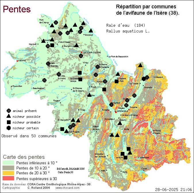 Rle d eau (Rallus aquaticus L.): carte de rpartition en Isre