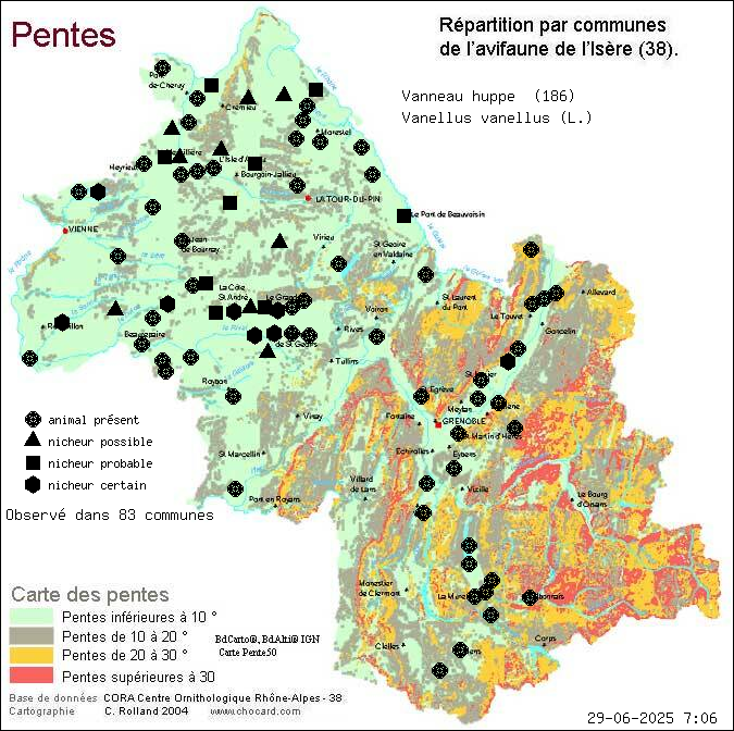 Vanneau hupp (Vanellus vanellus (L.)): carte de rpartition en Isre