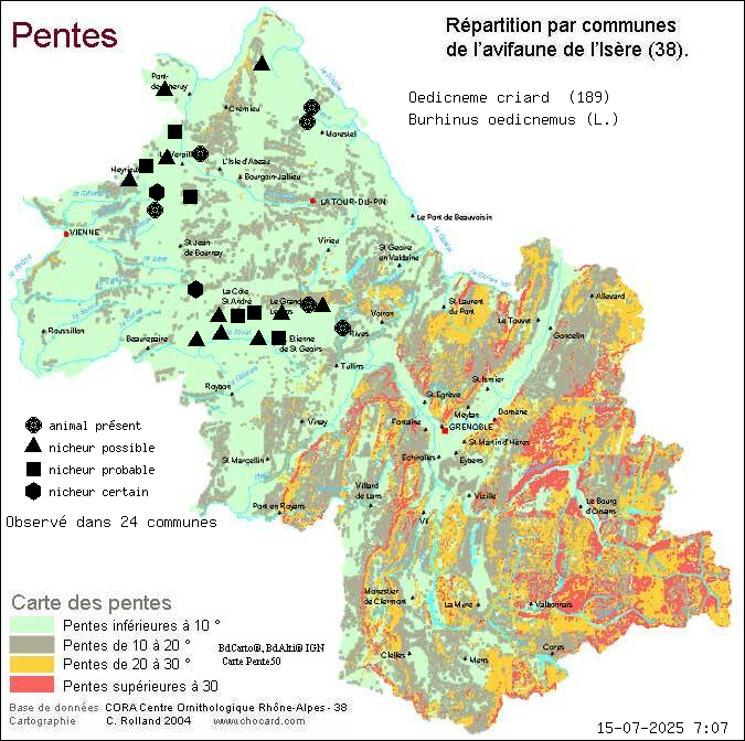 Oedicnme criard (Burhinus oedicnemus (L.)): carte de rpartition en Isre