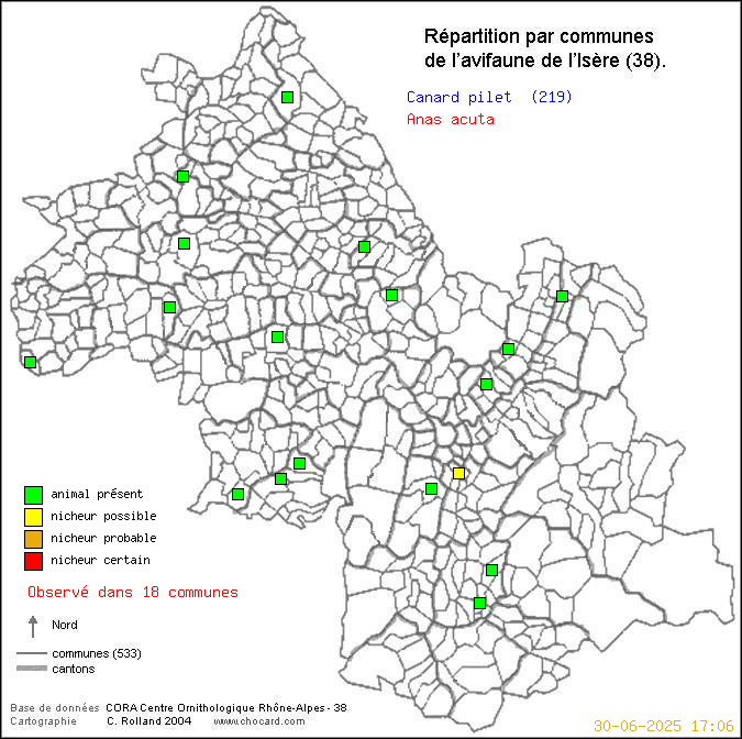 Carte de rpartition par communes en Isre d'une espce d'oiseau: Canard pilet (Anas acuta) selon Communes et cantons