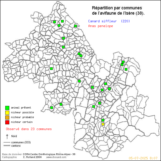 Carte de rpartition par communes en Isre d'une espce d'oiseau: Canard siffleur (Anas penelope) selon Communes et cantons