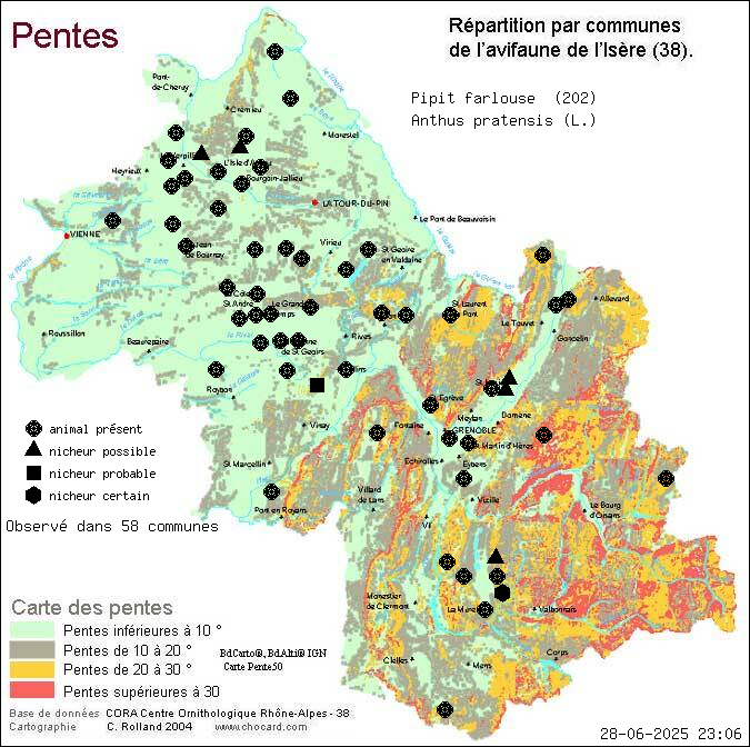 Pipit farlouse (Anthus pratensis (L.)): carte de rpartition en Isre