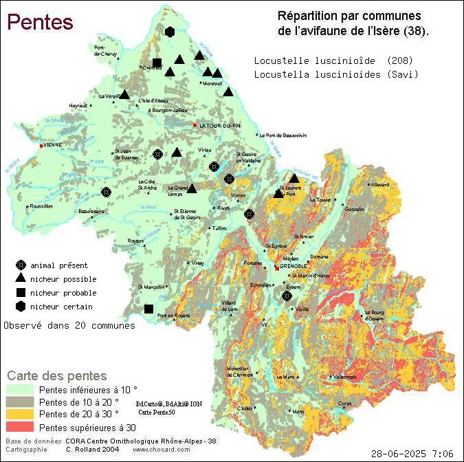 Locustelle lusciniode (Locustella luscinioides (Savi)): carte de rpartition en Isre