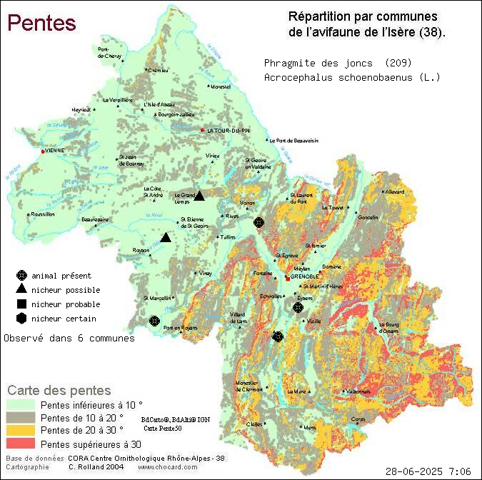 Phragmite des joncs (Acrocephalus schoenobaenus (L.)): carte de rpartition en Isre