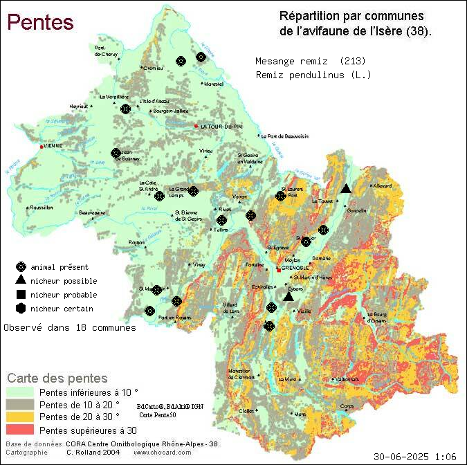 Msange rmiz (Remiz pendulinus (L.)): carte de rpartition en Isre