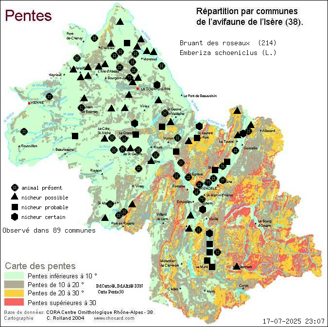Bruant des roseaux (Emberiza schoeniclus (L.)): carte de rpartition en Isre