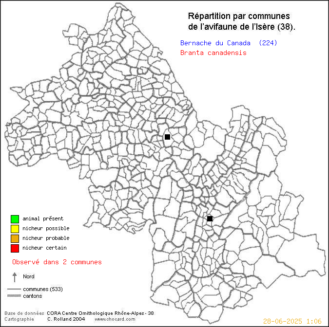 Carte de rpartition par communes en Isre d'une espce d'oiseau: Bernache du Canada (Branta canadensis) selon Communes et cantons