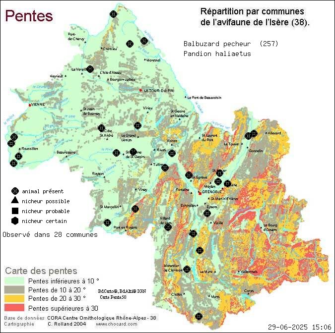 Carte de rpartition par communes en Isre d'une espce d'animal: Balbuzard pcheur (Pandion haliaetus) selon Pentes