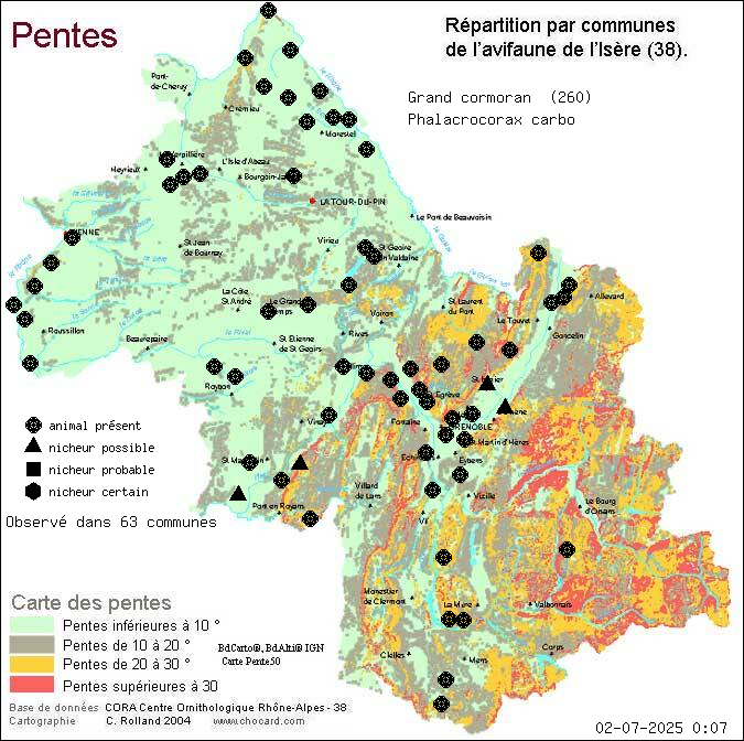 Grand cormoran (Phalacrocorax carbo): carte de rpartition en Isre