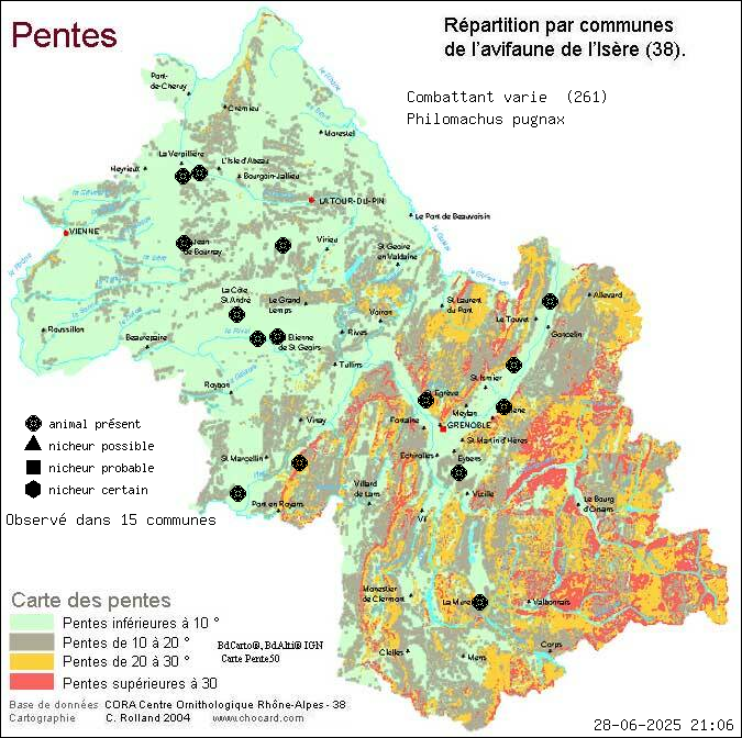 Combattant vari (Philomachus pugnax): carte de rpartition en Isre