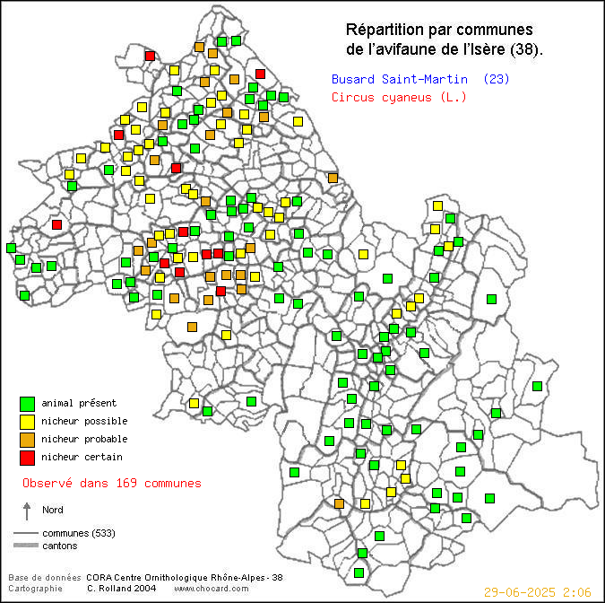 Carte de rpartition par communes en Isre d'une espce d'oiseau: Busard Saint-Martin (Circus cyaneus (L.)) selon Communes et cantons