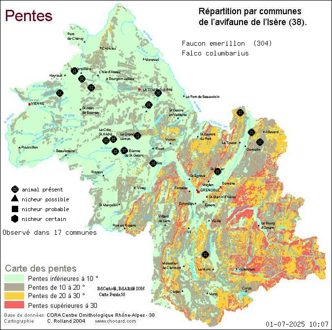 Faucon merillon (Falco columbarius): carte de rpartition en Isre