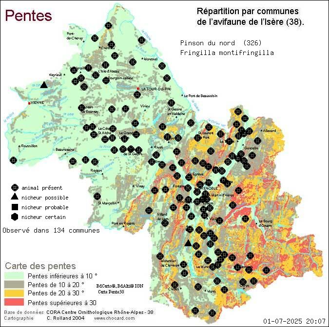 Pinson du nord (Fringilla montifringilla): carte de rpartition en Isre