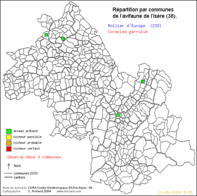 Carte de rpartition par communes en Isre d'une espce d'oiseau: Rollier d Europe (Coracias garrulus) selon Communes et cantons