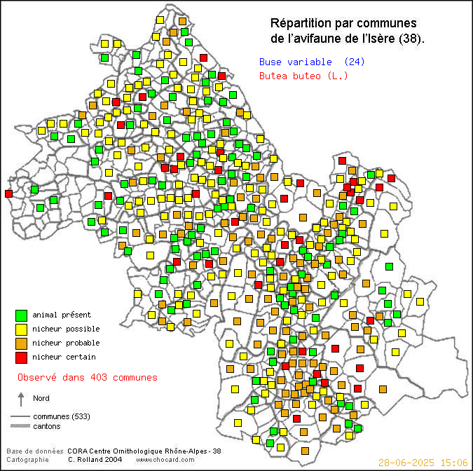 Carte de rpartition par communes en Isre d'une espce d'oiseau: Buse variable (Butea buteo (L.)) selon Communes et cantons