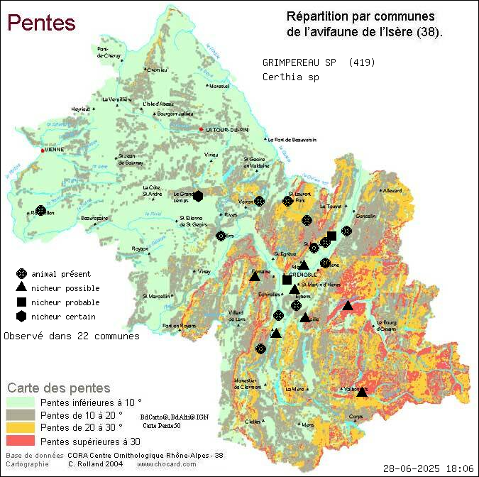 Carte de rpartition par communes en Isre d'une espce d'animal: GRIMPEREAU SP (Certhia sp) selon Pentes