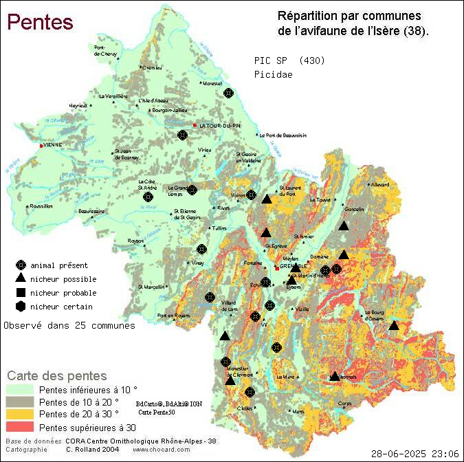 Carte de rpartition par communes en Isre d'une espce d'animal: PIC SP (Picidae) selon Pentes