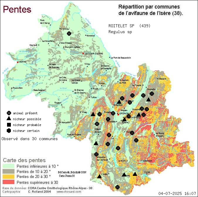 Carte de rpartition par communes en Isre d'une espce d'animal: ROITELET SP (Regulus sp) selon Pentes