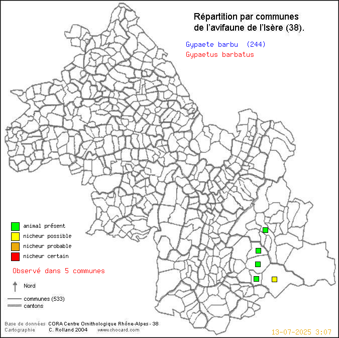 Carte de rpartition par communes en Isre d'une espce d'oiseau: Gypate barbu (Gypaetus barbatus) selon Communes et cantons