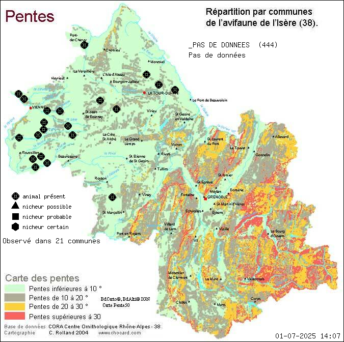 Carte de rpartition par communes en Isre d'une espce d'animal: _PAS DE DONNEES (Pas de donnes) selon Pentes