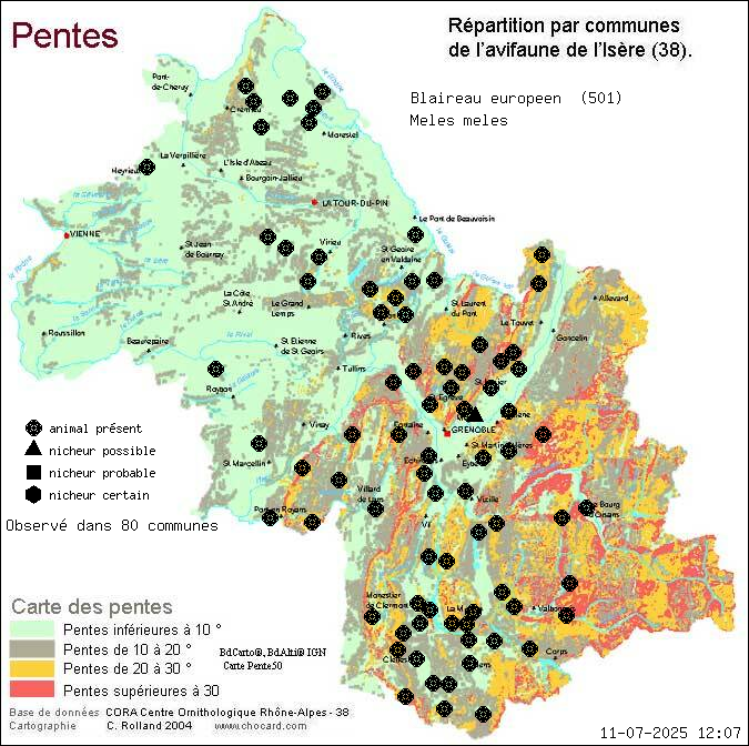 Blaireau europen (Meles meles): carte de rpartition en Isre