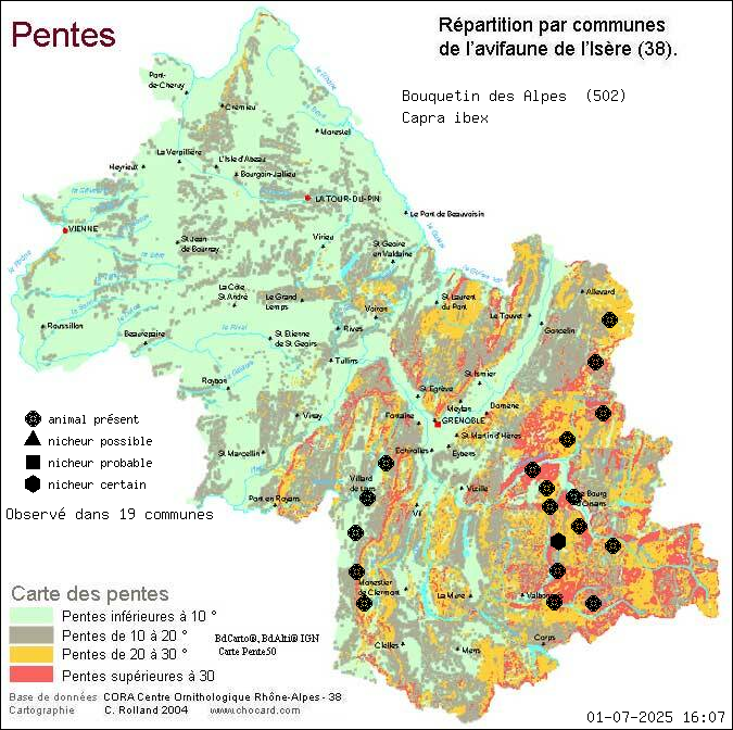 Carte de rpartition par communes en Isre d'une espce d'animal: Bouquetin des Alpes (Capra ibex) selon Pentes