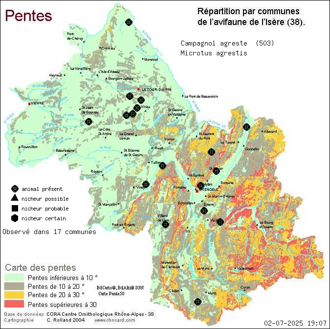 Campagnol agreste (Microtus agrestis): carte de rpartition en Isre